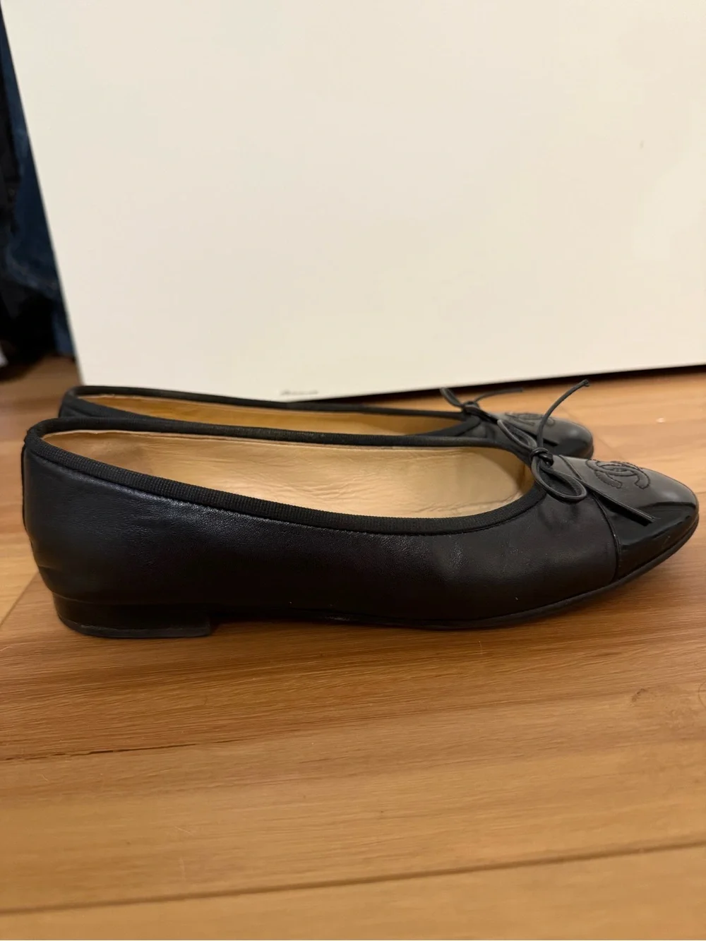 CHANEL Black Leather and Patent Toe Ballet Flats